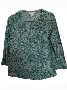 H&M Leaf Pattern High Low Hem Quarter Button Front Top, Women’s S, Green White
